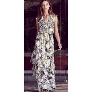 MISA Maxine Palm Print Ruffled Maxi Dress